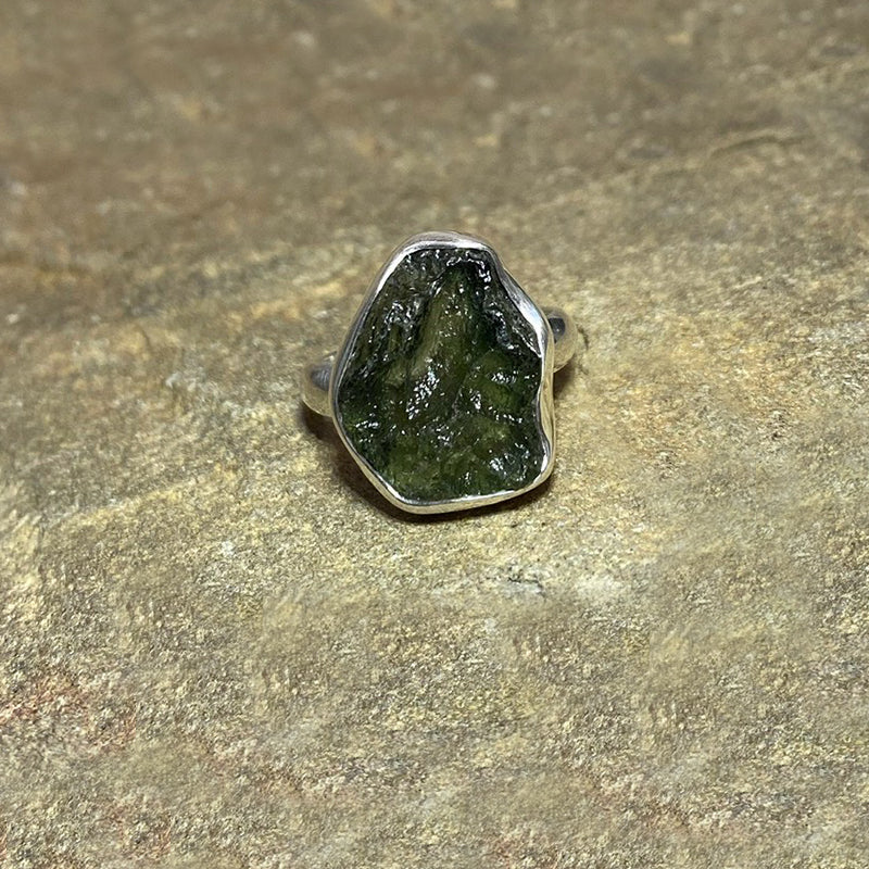Raw Moldavite Ring- Size 8