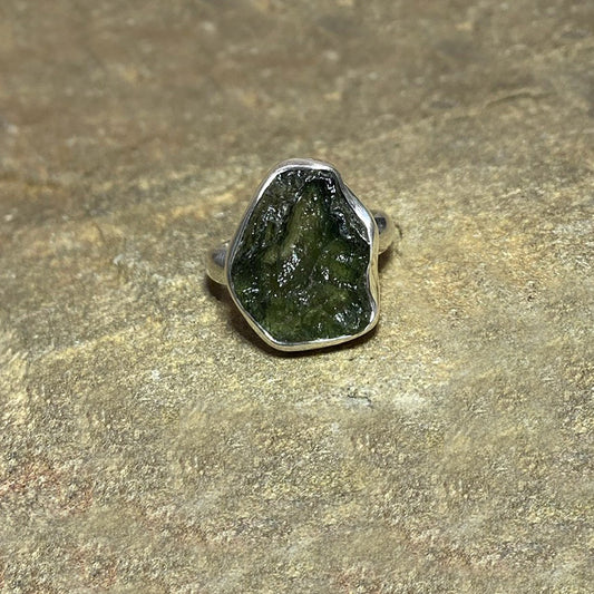 Raw Moldavite Ring- Size 8