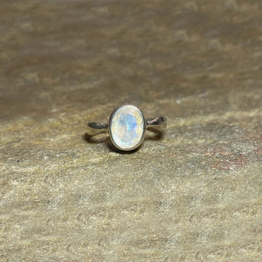 Oval Faceted Rainbow Moonstone Ring- Size 8