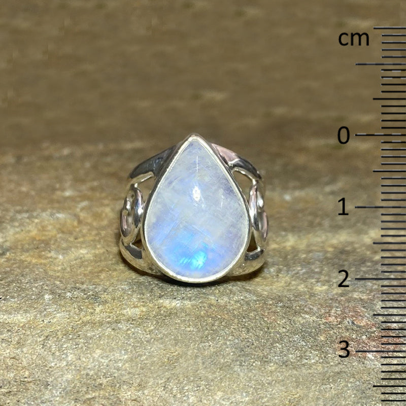 Swirling Sterling Silver Teardrop Rainbow Moonstone Ring- Size 8