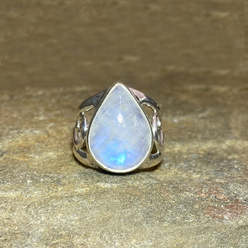 Swirling Sterling Silver Teardrop Rainbow Moonstone Ring- Size 8