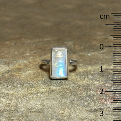 Rectangle Rainbow Moonstone Ring- Size 7