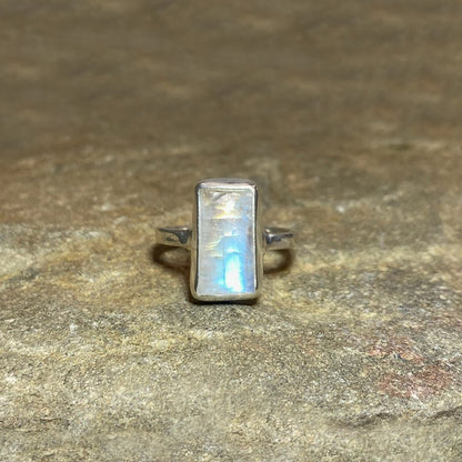 Rectangle Rainbow Moonstone Ring- Size 7