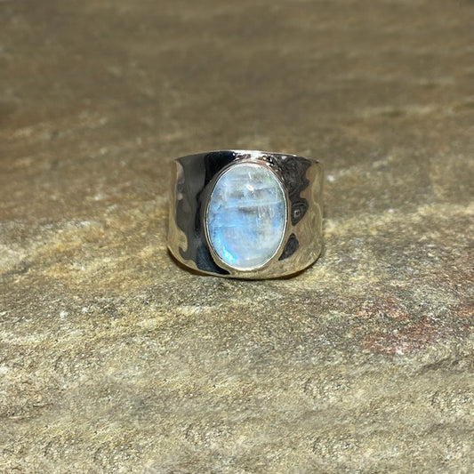 Oval Rainbow Moonstone Hammered Sterling Silver Band Ring- Size 10