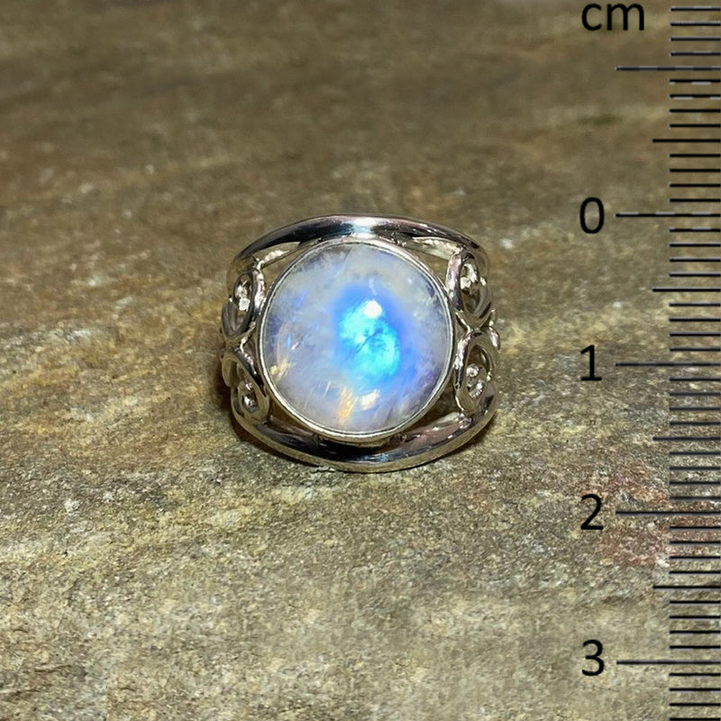 Round Rainbow Moonstone Swirling Sterling Silver Ring- Size 9