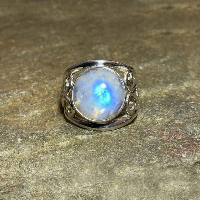 Round Rainbow Moonstone Swirling Sterling Silver Ring- Size 9
