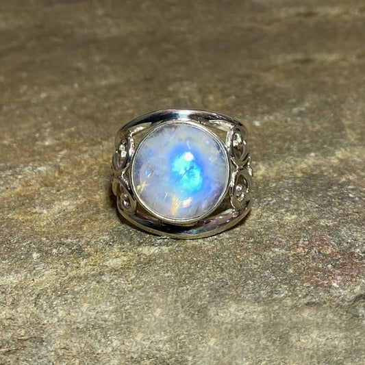 Round Rainbow Moonstone Swirling Sterling Silver Ring- Size 9