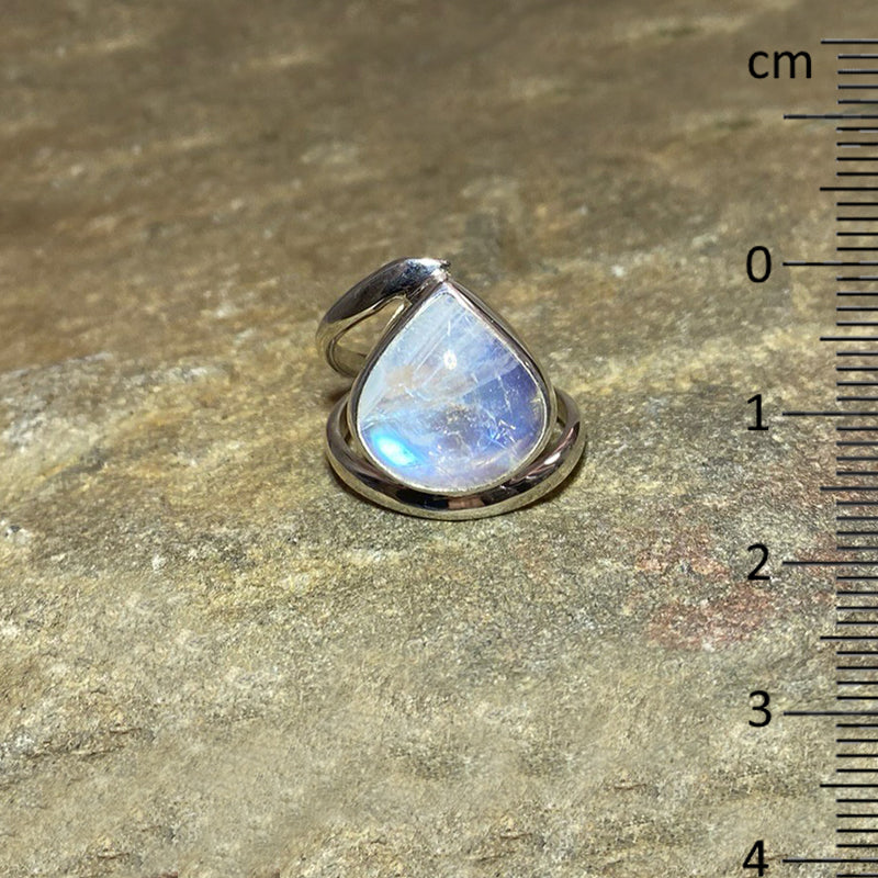 Teardrop Rainbow Moonstone Offset Sterling Silver Ring- Size 8