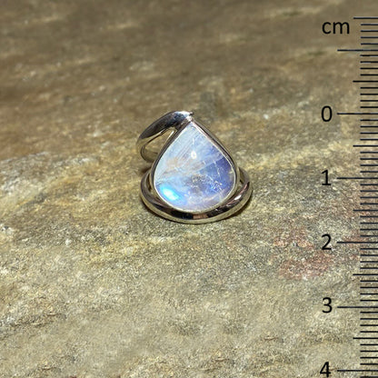 Teardrop Rainbow Moonstone Offset Sterling Silver Ring- Size 8