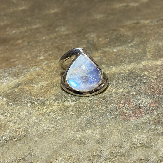 Teardrop Rainbow Moonstone Offset Sterling Silver Ring- Size 8