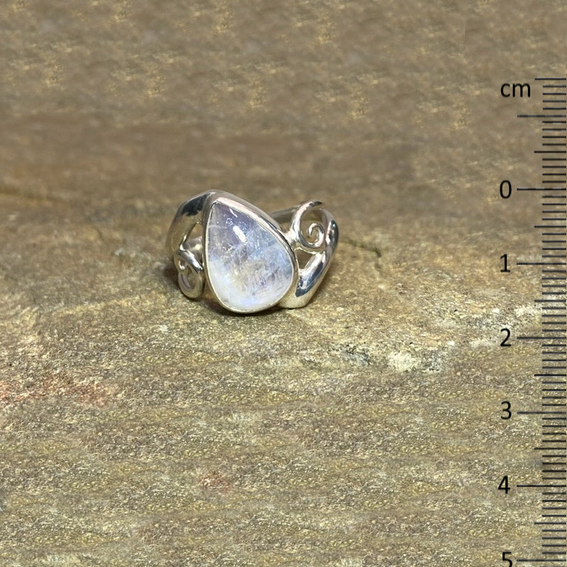 Teardrop Rainbow Moonstone Swirling Sterling Silver Ring- Size 7.5