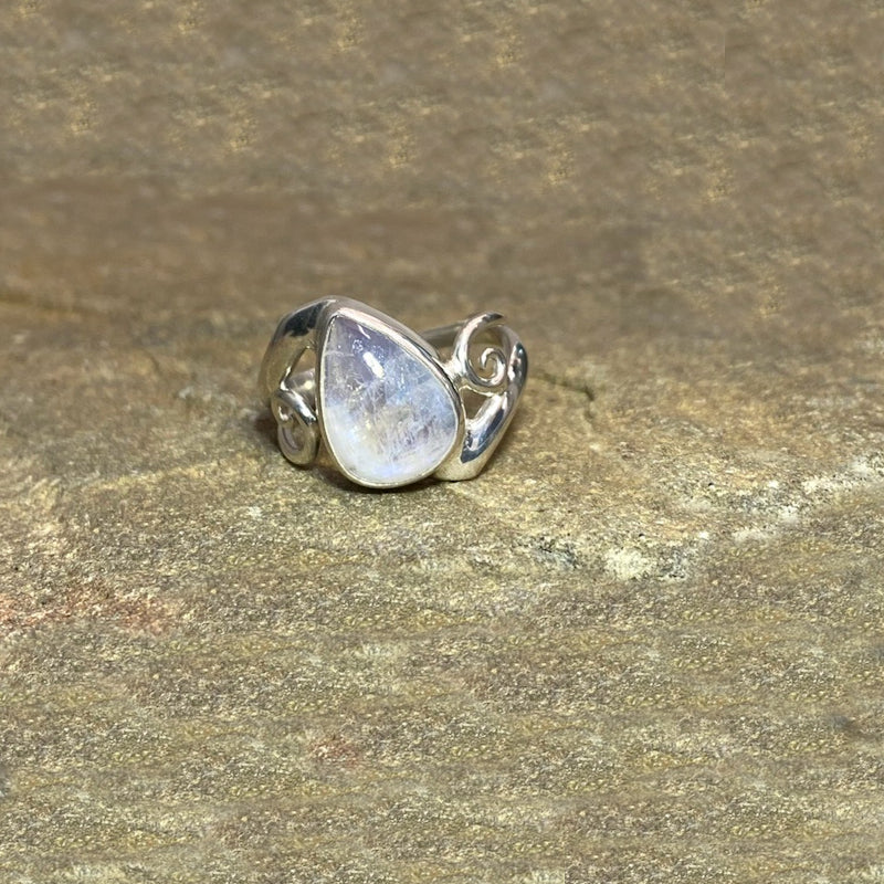 Teardrop Rainbow Moonstone Swirling Sterling Silver Ring- Size 7.5