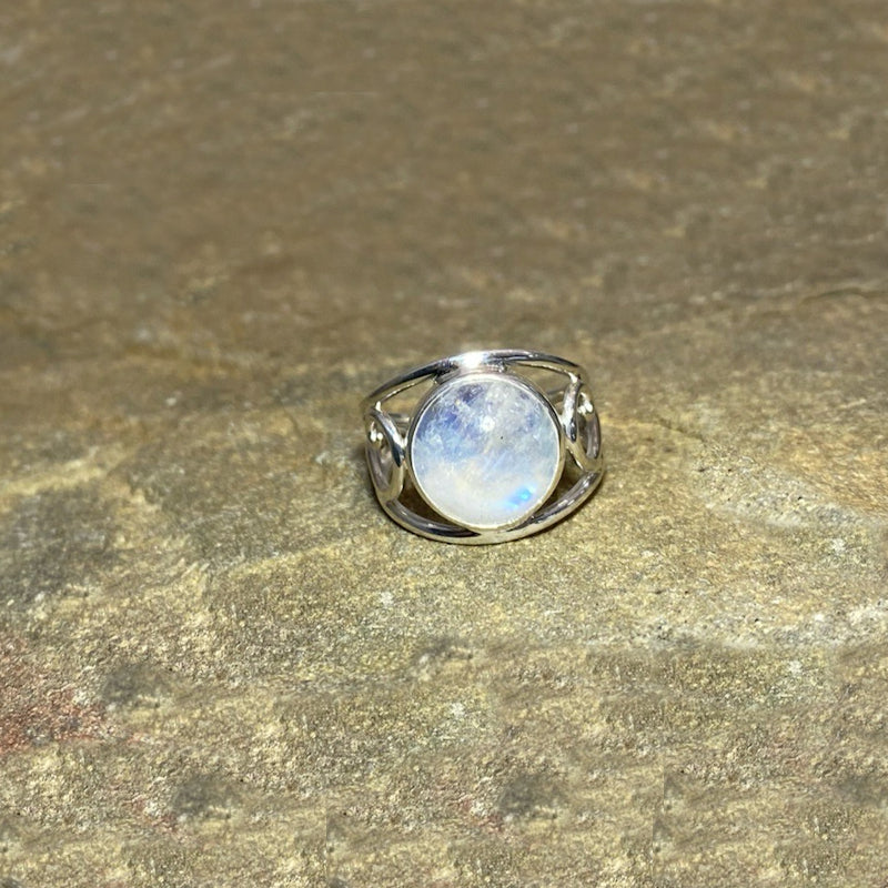 Round Rainbow Moonstone Swirling Sterling Silver Ring- Size 7.5