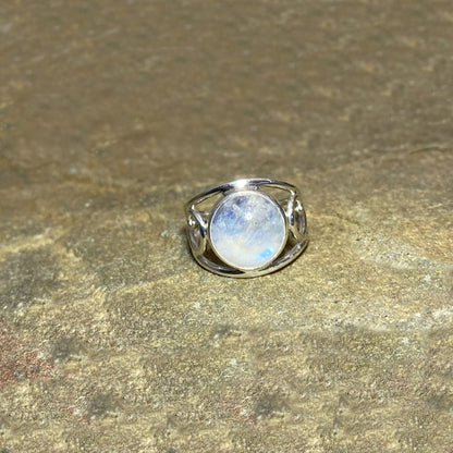 Round Rainbow Moonstone Swirling Sterling Silver Ring- Size 7.5