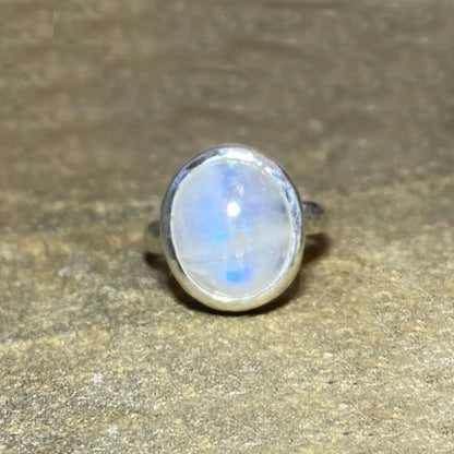 Oval Rainbow Moonstone Ring- Size 7.5