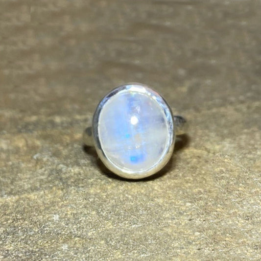 Oval Rainbow Moonstone Ring- Size 7.5