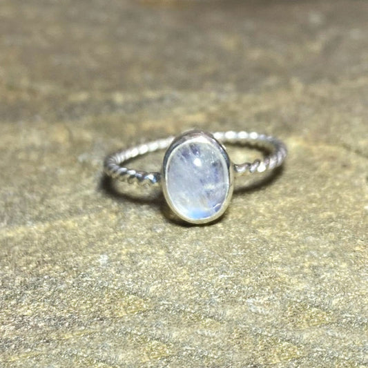 Oval Rainbow Moonstone Ring- Size 7.5