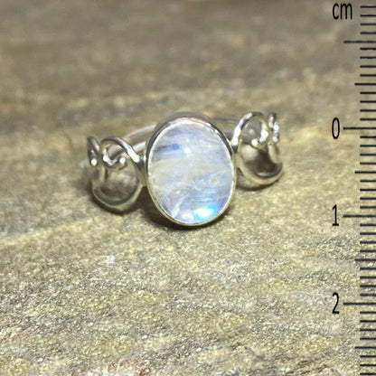 Oval Rainbow Moonstone Swirling Sterling Silver Ring- Size 8.5