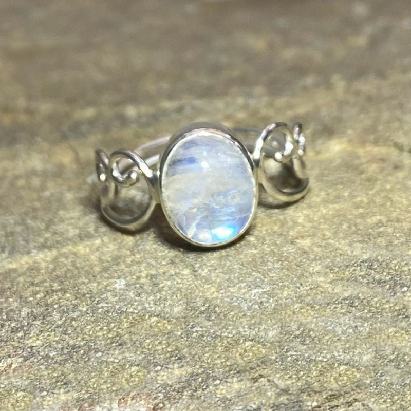 Oval Rainbow Moonstone Swirling Sterling Silver Ring- Size 8.5