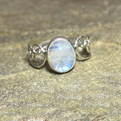 Oval Rainbow Moonstone Swirling Sterling Silver Ring- Size 8.5