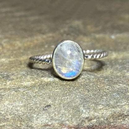 Oval Rainbow Moonstone Ring- Size 8.5