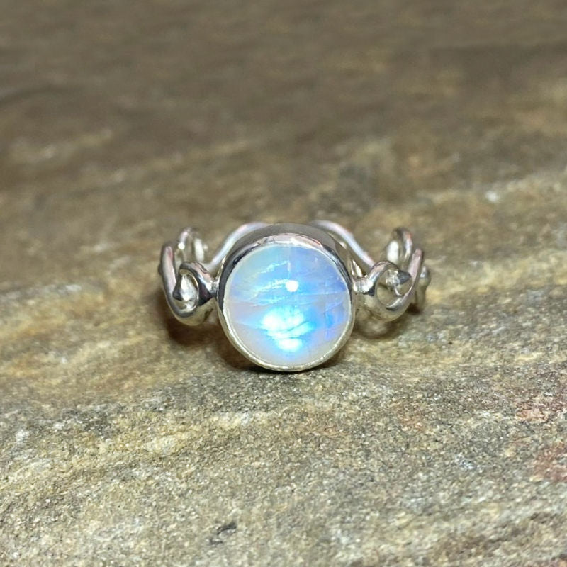 Round Rainbow Moonstone Swirling Sterling Silver Ring- Size 9