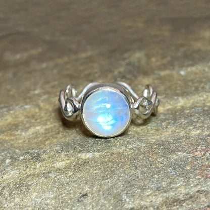 Round Rainbow Moonstone Swirling Sterling Silver Ring- Size 9