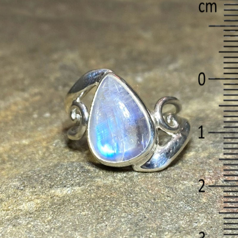 Teardrop Rainbow Moonstone Offset Swirling Sterling Silver Ring- Size 7