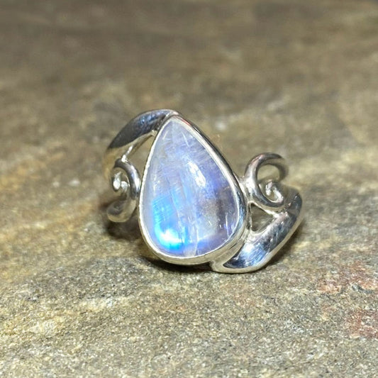 Teardrop Rainbow Moonstone Offset Swirling Sterling Silver Ring- Size 7