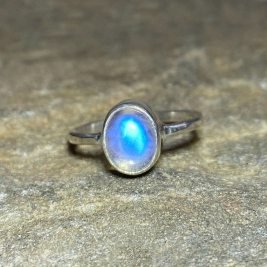 Oval Rainbow Moonstone Ring- Size 6