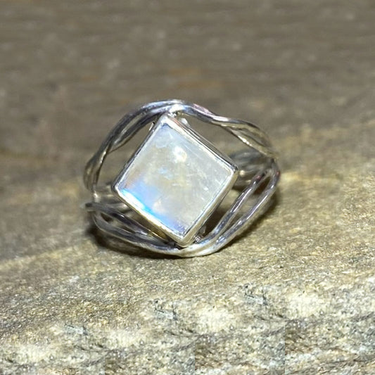 Rainbow Moonstone Ornate Sterling Silver Ring- Size 8.5