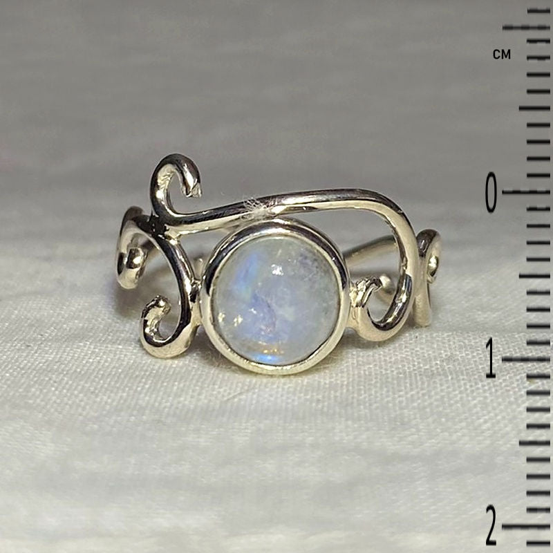 Round Rainbow Moonstone Swirling Sterling Silver Ring- Size 8.5