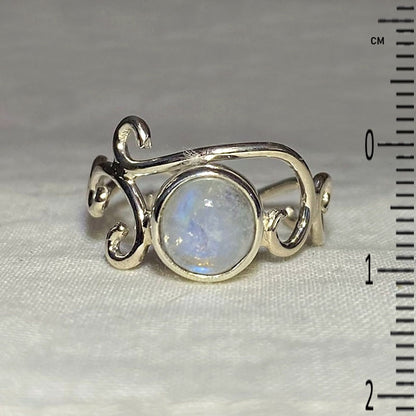 Round Rainbow Moonstone Swirling Sterling Silver Ring- Size 8.5