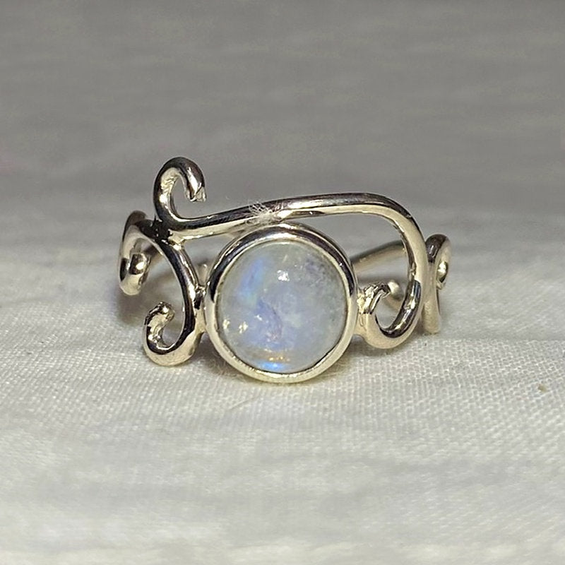 Round Rainbow Moonstone Swirling Sterling Silver Ring- Size 8.5