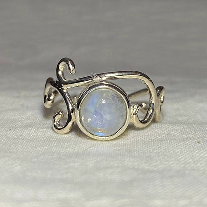 Round Rainbow Moonstone Swirling Sterling Silver Ring- Size 8.5