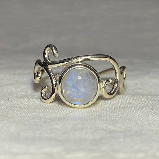 Round Rainbow Moonstone Swirling Sterling Silver Ring- Size 8.5