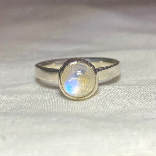 Round Rainbow Moonstone Ring- Size 7