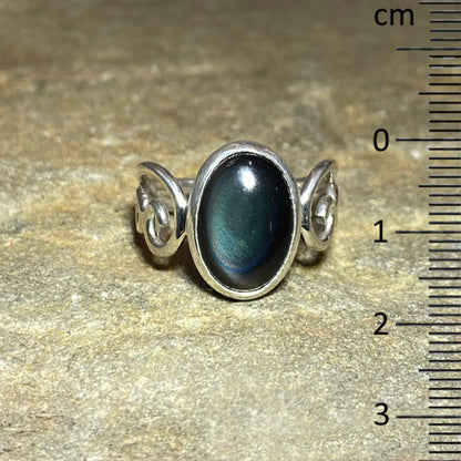 Oval Rainbow Obsidian Swirling Sterling Silver Band Ring- Size 8.5