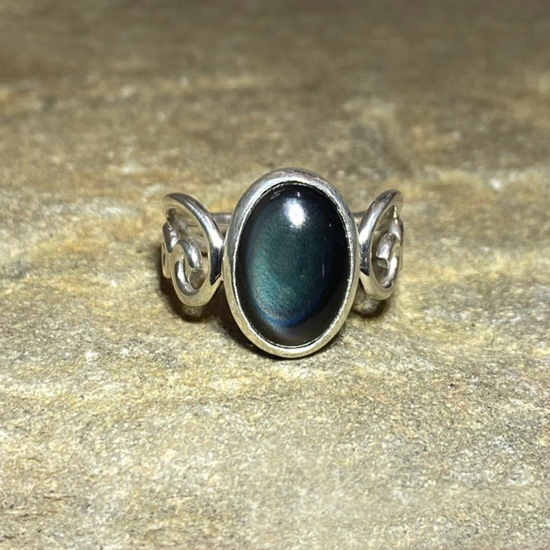 Oval Rainbow Obsidian Swirling Sterling Silver Band Ring- Size 8.5