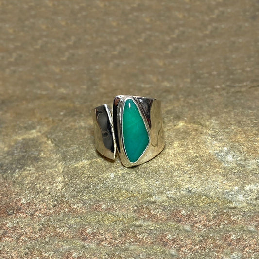 Freeform Blue Fossil Opal Wood Ring- Size 8