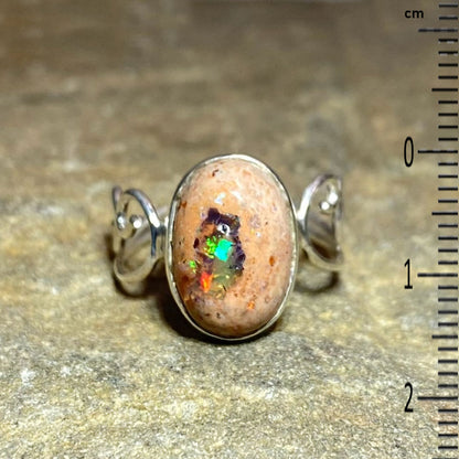 Oval Mexican Fire Opal Swirling Sterling Silver Ring- Size 7