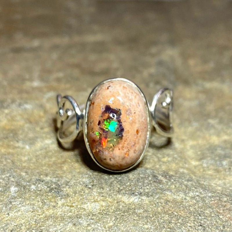 Oval Mexican Fire Opal Swirling Sterling Silver Ring- Size 7
