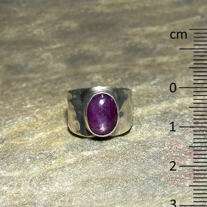 Hammered Sterling Silver Band Oval Star Ruby Ring- Size 7.5
