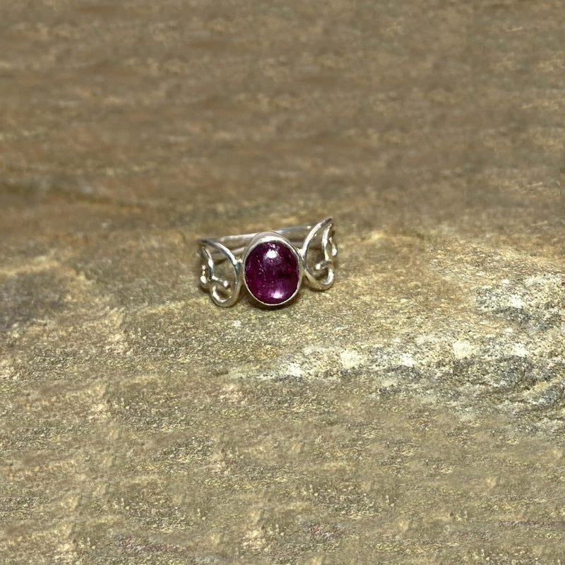 Oval Star Ruby Swirling Sterling Silver Ring- Size 6.5