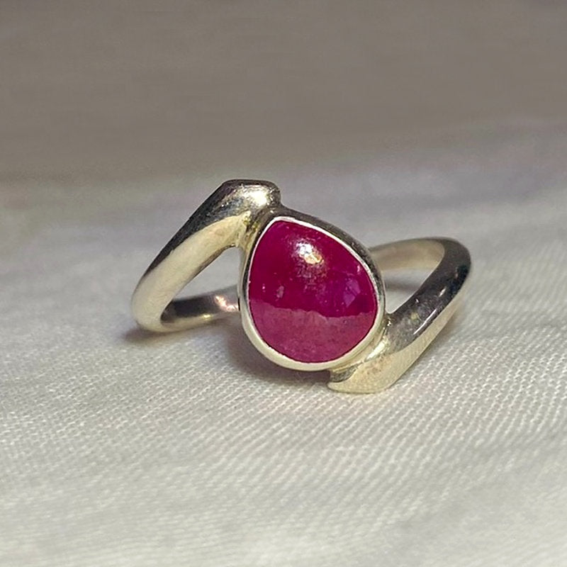 Teardrop Ruby Offset Sterling Silver Ring- Size 7