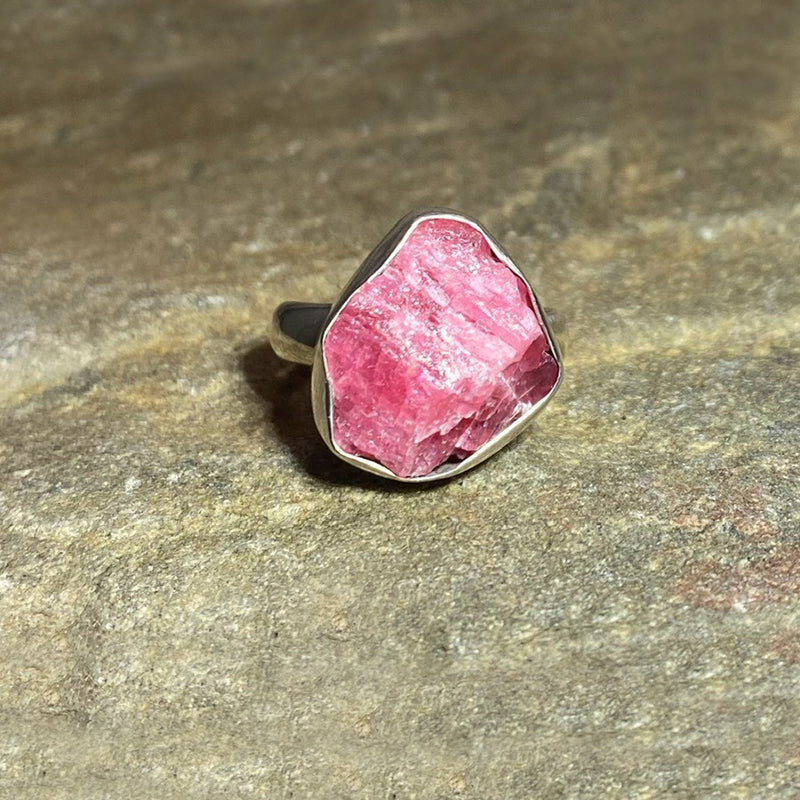 Freeform Raw Rhodonite Ring- Size 8.5