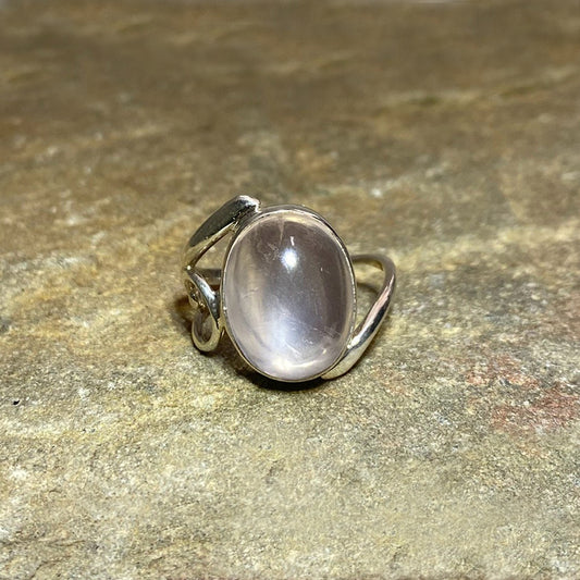 Sterling Silver Offset Oval Rose Quartz Ring- Size 9