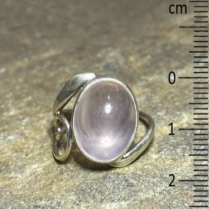 Oval Rose Quartz Swirling Sterling Silver Offset Ring- Size 7