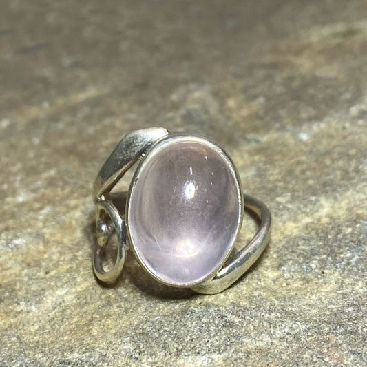 Oval Rose Quartz Swirling Sterling Silver Offset Ring- Size 7