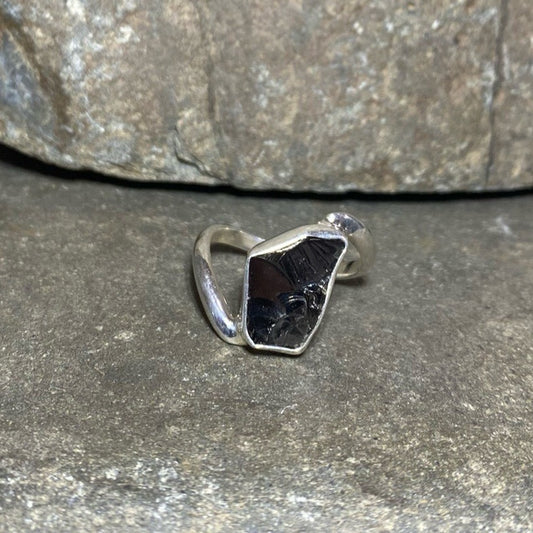 Sterling Silver Offset Raw Freeform Shungite Ring- Size 8